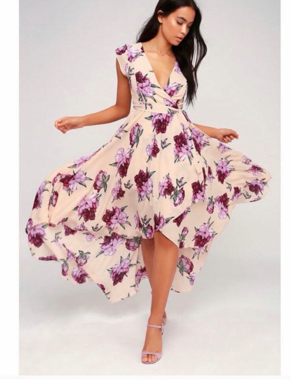 Lulu's Blush Floral Wrap Midi Dress with Purple Blooms